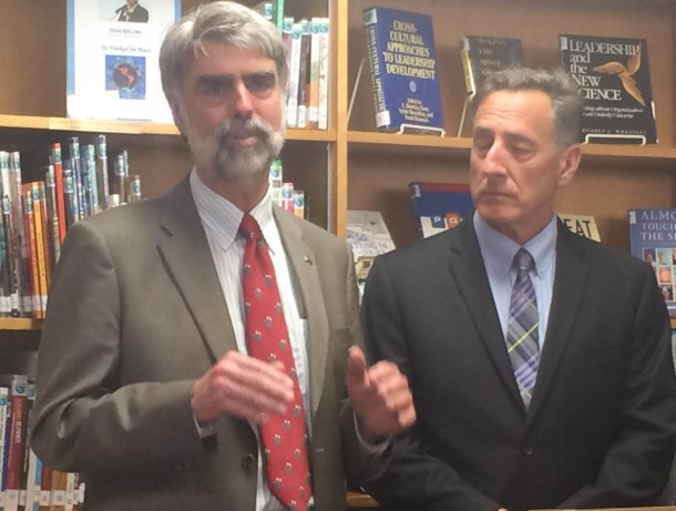 Jeb Spaulding (left), chancellor of the Vermont State Colleges, and Gov. Peter Shumlin speak at a news conference on dual enrollment. Photo by Erin Mansfield/VTDigger