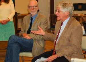 Arnie Gundersen (right) of Fairewinds Energy Education Corp. and Paul Gunter of the Beyond Nuclear organization attend a meeting about nuclear power plant decommissioning held this week in Montpelier.  Photo by Amy Ash Nixon/VTDigger