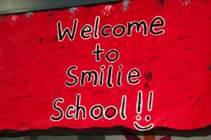 A banner made for the visit by Gov. Peter Shumlin and lawmakers and education officials Tuesday at the Smilie School, where the education reform bill was signed into law.