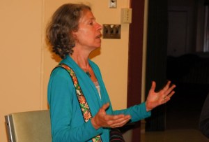 Leslie Sullivan Sachs of Brattleboro speaks about concerns with the decommissioning of the Vermont Yankee plant at a forum this week in Montpelier. Photo by Amy Ash Nixon/VTDigger 