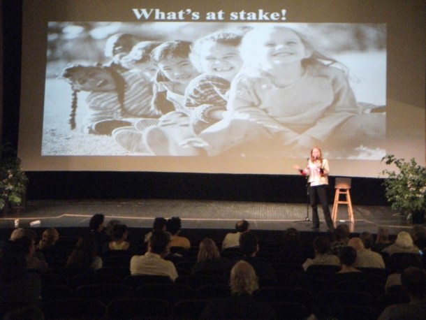 Alisa Gravitz, president and CEO of the nonprofit advocacy group Green America, speaks at the Slow Living Summit taking place through Friday in Brattleboro. Photo by Kevin O’Connor/for VTDigger
