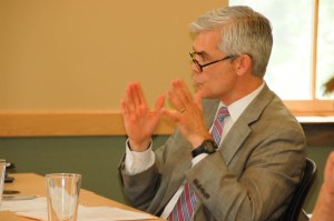 Michael Thomas of the New England Board of Higher Education, addresses the long-range planning committee of the Vermont State Colleges board of trustees on Thursday. Photo by Amy Ash Nixon/VTDigger