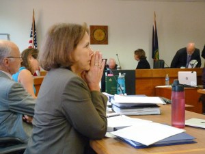 Eileen Simollardes, a vice president at Vermont Gas, waits to testify. Photo by Erin Mansfield/VTDigger