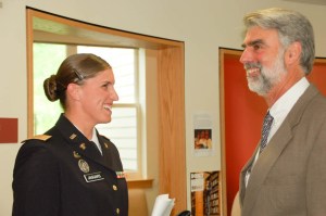 Lt. Jessica Jaggars, education service officer with the Vermont Army National Guard, speaks with Vermont State Colleges Chancellor Jeb Spaulding during a news conference at CCV's Montpelier campus about a new federal benefit which allows veterans and active duty military to use their GI Bill and pay in-state tuition rates regardless of their state of residency. Photo by Amy Ash Nixon/VTDigger