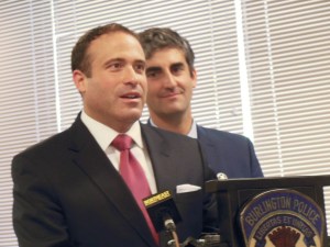 Brandon del Pozo (foreground), a veteran of the New York Police Department, was nominated as Burlington's next police chief Tuesday, July 7, 2015, by Burlington Mayor Miro Weinberger. Photo by Pat Bradley/WAMC Northeast Public Radio