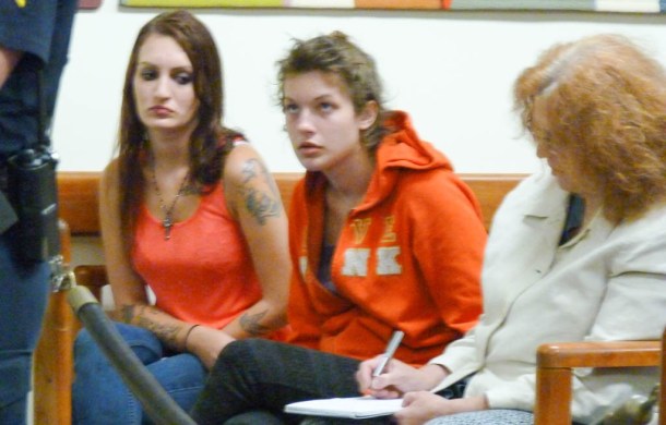 Jody Herring's daughter Desiree Herring (center) appears in court with her cousin, Tiffany Herring, Tuesday. Photo by Erin Mansfield/VTDigger