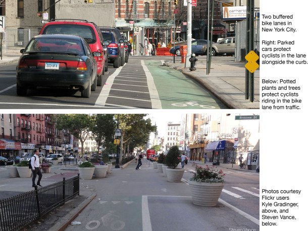 Two different types of buffered bike lanes in New York City. Photos courtesy Flickr.