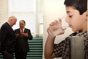 U.S. Sen. Patrick Leahy, D-Vt., and Bebederos Ecologicos CEO Alessandro Covarrubias speak after the announcement of a new partnership between Seldon Technologies of Windsor and the Mexico-based corporation in July 2015. On Sept. 28, 2015, Seldon Technologies employees were told they no longer had jobs and that the company in Windsor would be closing. Photo by Jennifer Hauck/Valley News 