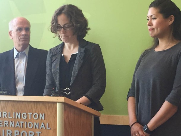 Megan Gallagher, president and CEO of Planned Parenthood of Northern New England, takes the podium during a news conference with Rep. Peter Welch and Planned Parenthood patient Angelia Rorison (right). Photo by Morgan True/VTDigger