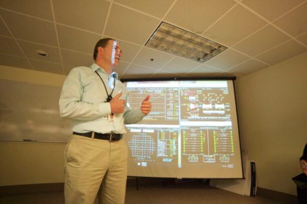 Paul Paradis, Entergy’s decommissioning director, watched a live computer model of the drawdown of Vermont Yankee power plant from company offices in Brattleboro on Monday. Photo by John Herrick