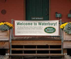 Green Mountain Coffee Roasters cafe in the historic railroad depot building remains closed despite the welcome sign and is not expected to open for at least another month. VTD/Andrew Nemethy