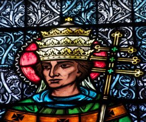 An image of St. Gregory, the pope who in the 6th century promoted the chant later named after him. The image appears on a stained glass window in St. Augustine’s Church on Barre Street in Montpelier.