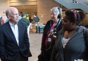 Rep. Peter Welch hears from Leahn Bass about student debt. Bass has about $20,000 in federal student loans.