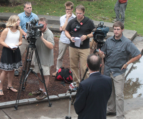 TJ Donovan speaks to the press about a new television advertisement paid for by a D.C.-based PAC. VTD Photo/Taylor Dobbs
