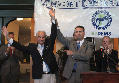 Attorney General Bill Sorrell and Chittenden County State's Attorney TJ Donovan, who challenged him in the primary but conceded Wednesday morning, made a show of unity at the Democratic Party's unity rally. VTD Photo/Taylor Dobbs