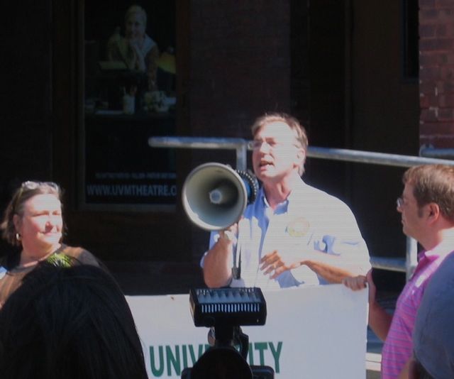Sen. Philip Baruth speaks at a union rally for University of Vermont staff. Photo by Greg Guma