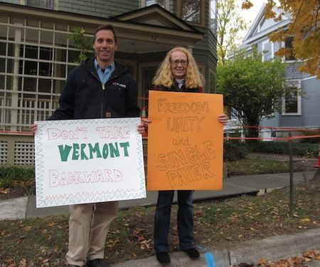 Peter Sterling and Kathie McClure stand outside Lenore Broughton's house in Burlington. Photo by Andrew Stein
