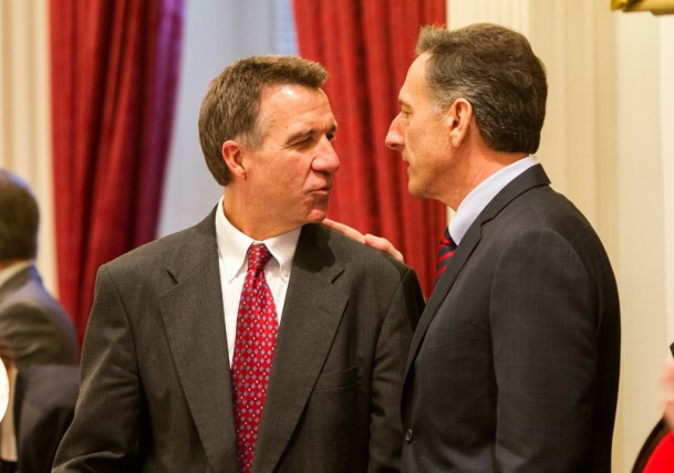Lt. Gov. Phil Scott, left, and Gov. Peter Shumlin exchange greetings at the governor's budget address in January. Photo by Roger Crowley/for VTDigger