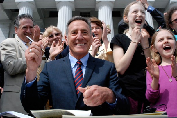 Vermont Gov. Peter Shumlin signed Vermont’s first-in-the-nation GMO labeling bill into law on the Statehouse steps in Montpelier on May 8, 2014. File photo by John Herrick/VTDigger 