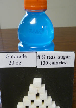 Display shows the sugar content of a bottle of Gatorade. Photo by Morgan True/VTDigger