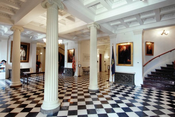 The black and white marble floor in the lobby of the capitol, as pictured in the new book “Intimate Grandeur: Vermont’s State House.” Photo by Jeb Wallace-Brodeur