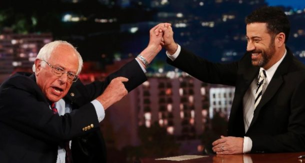 Bernie Sanders joins hands with the host of ABC’s “Jimmy Kimmel Live!”