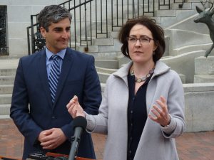 Noelle MacKay addresses reporters at a news conference announcing her nomination to lead Burlington's Community Economic Development Office. Photo by Morgan True / VTDigger