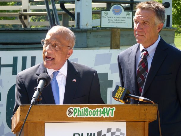 Republican candidate for Lt. Governor Randy Brock, a former state senator and state auditor, endorses current Lt. Governor Phil Scott in his campaign for governor. Photo by Morgan True / VTDigger