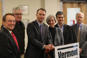 The Vermont Mayors Coalition endorses T.J. Donovan (center). From left, Thom Lauzon of Barre, William Benton of Vergennes, Liz Gamache of St. Albans, Miro Weinberger of Burlington, and John Hollar of Montpelier. Photo by Erin Mansfield/VTDigger