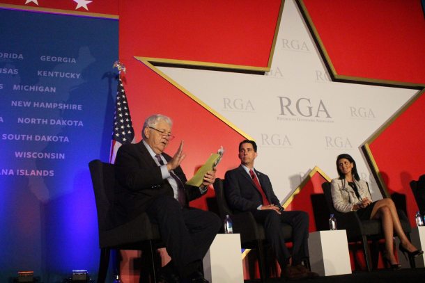 Conservative Bill Bennett leads a panel discussion at the Republican Governors Association in Orlando. VTDigger photo by Jasper Craven.
