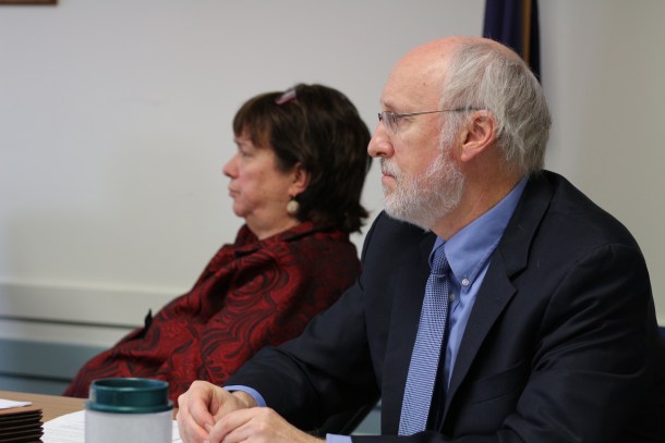 George Young, right, the policy director for the Public Service Board, asks questions during a hearing Thursday. He is sitting next to board member Sarah Hofmann. Photo by Erin Mansfield/VTDigger 