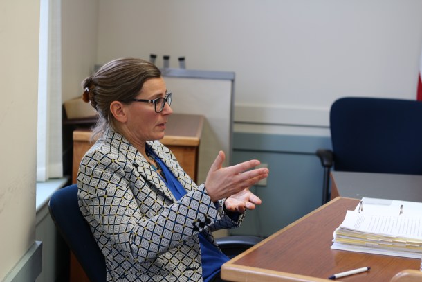 Beth Fastiggi, the Vermont state president for FairPoint Communications, testifies in front of the Public Service Board on Thursday. Photo by Erin Mansfield/VTDigger 