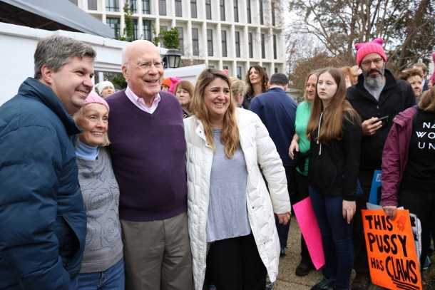 U.S. Sen. Patrick Leahy, D-Vt., and his wife, Marcelle, snapped photos with dozens of Vermont marchers on Saturday morning. Photo by Jasper Craven/VTDigger