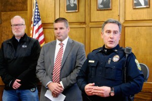 From left: Washington County State's Attorney Scott Williams, Vermont State Police Maj. Glenn Hall, and Montpelier Police Chief Tony Facos. Photo by Elizabeth Hewitt/VTDigger