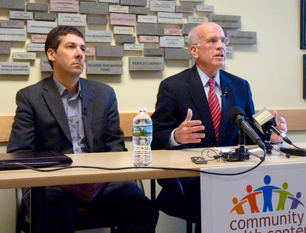 American Civil Liberties Union of Vermont Executive Director James Lyall and Rep. Pete Welch, D-Vt., speak out against President Donald Trump's executive orders on immigration. Photo by Morgan True / VTDigger