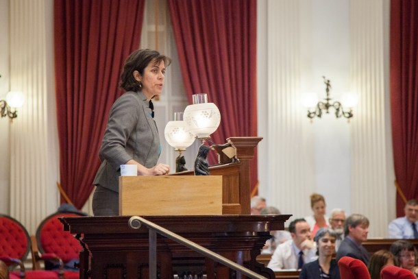 Vermont House Speaker Mitzi Johnson at the podium