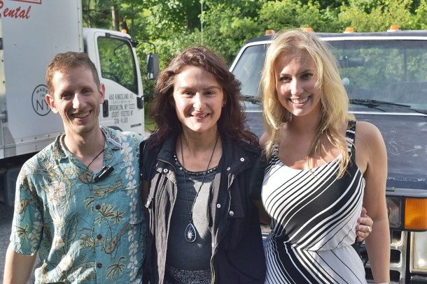 Etan Harwayne Gretl Claggett Sarah Donnelly, gather on the set of "Stormchaser," an independent film shot earlier this month in the Northshire. Local shooting wrapped on Saturday in Manchester. Photo by Greg Sukiennik/Manchester Journal