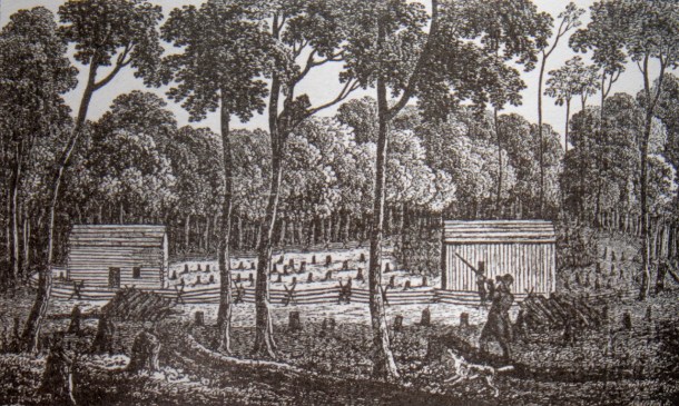 A print of colonial farming from the Vermont Historical Society