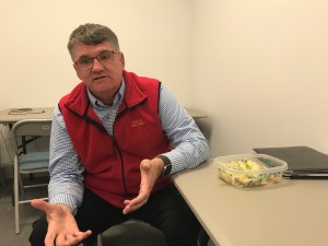 Don Turner speaks to a reporter at his Milton campaign headquarters last week. Photo by Mark Johnson/VTDigger