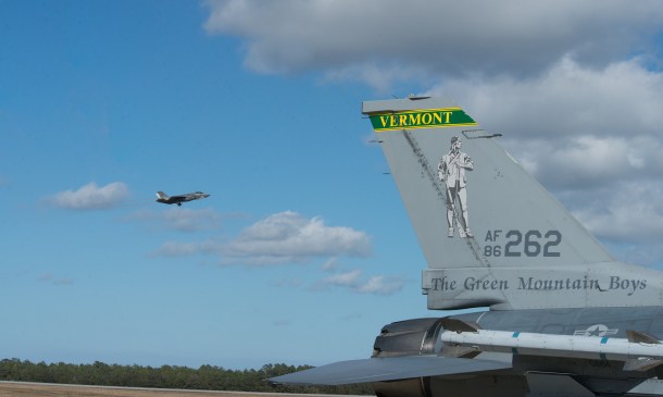 An F-16 Fighting Falcon assigned to to the Vermont Air National Guard