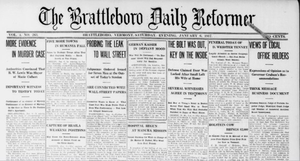 Front page Brattleboro Daily Reformer Jan. 6, 1917