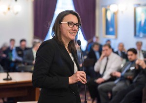 House Majority Leader Rep. Jill Krowinski speaks to the House Democratic caucus