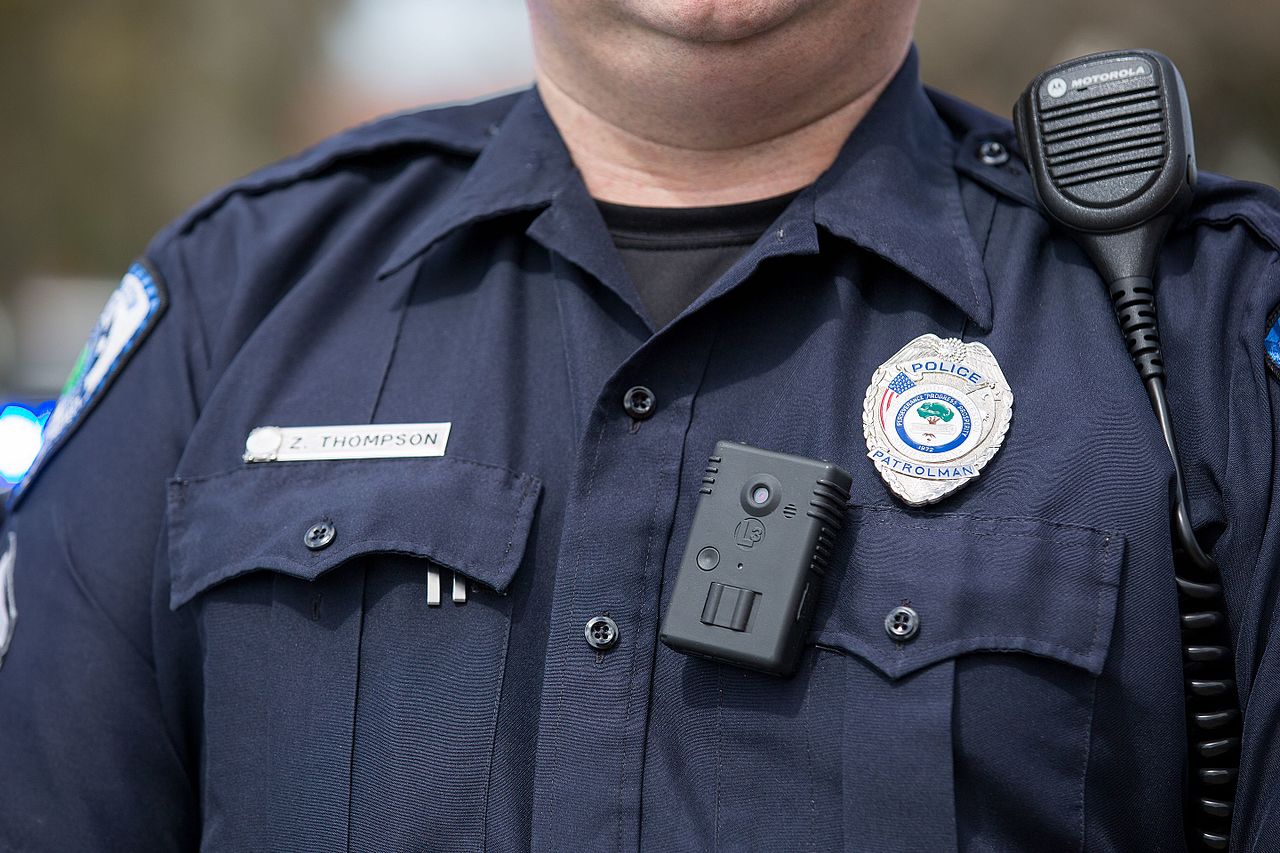 A police officer in North Charleston, South Carolina, wears a bodycam.