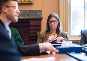 Sen. Ruth Hardy, D-Addison, right, listens as House Assistant Majority Leader Dylan Giambatista, D-Essex Junction, of the House Education Committee speaks in favor of a bill