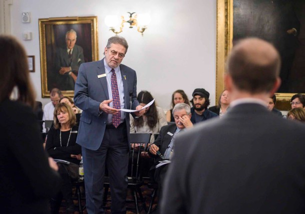 Rep. Joseph "Chip" Troiano, D-Stannard, questions leaders of the House Education Committee.