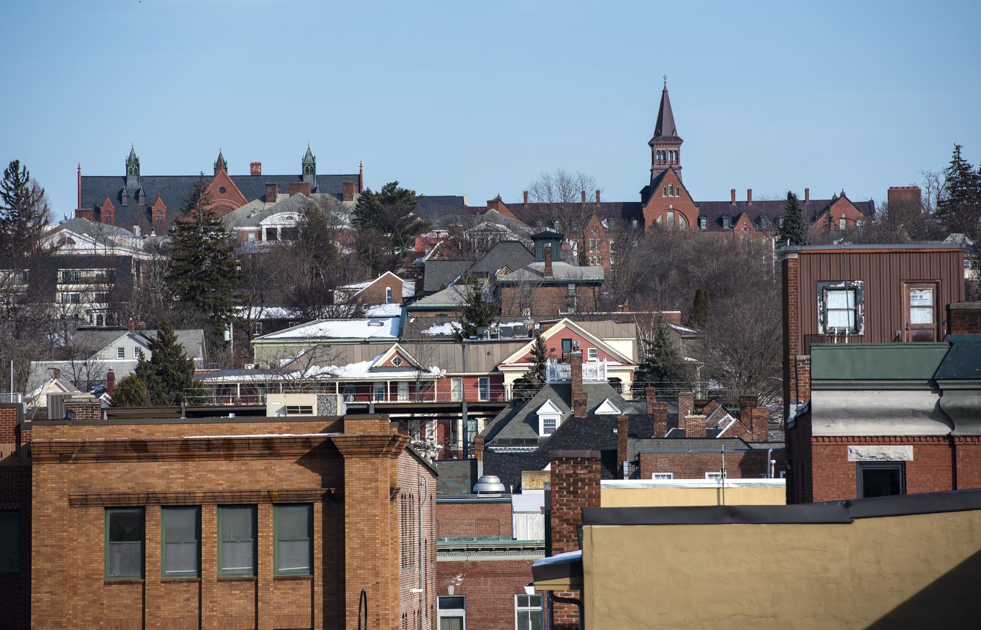 Urban landscape featuring brick buildings in the foreground and a distant view of historic architecture under a clear blue sky.