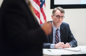 Dan Bennett, President and CEO of Gifford Medical Center, listens to discussion as the Green Mountain Care Board considers the challenges faced by rural hospitals in Montpelier on Wednesday, April 3, 2019. Photo by Glenn Russell/VTDigger