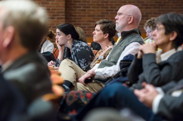 Members of the House Committee on Health Care listen as the Green Mountain Care Board considers the challenges faced by rural hospitals in Montpelier on Wednesday, April 3, 2019. From left to right are Rep. Lucy Rogers, D-Waterville; Rep. Lori Houghton, D-Essex; Rep. Bill Lippert, D-Hinesburg; and Rep. Anne Donahue, R-Northfield. Other members of the committee were also present as were other state legislators. Photo by Glenn Russell/VTDigger