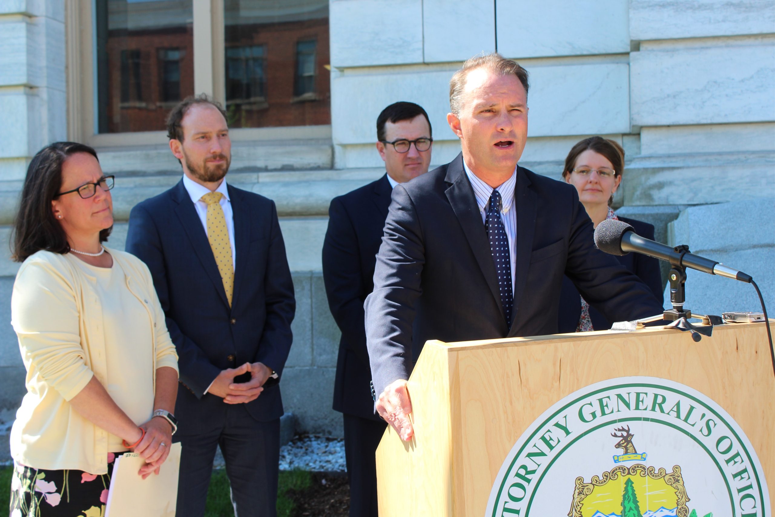 Attorney General TJ Donovan speaks during a press conference in Burlington announcing lawsuits against 3M and Dupont. Photo Alexandre Silberman/VTDigger