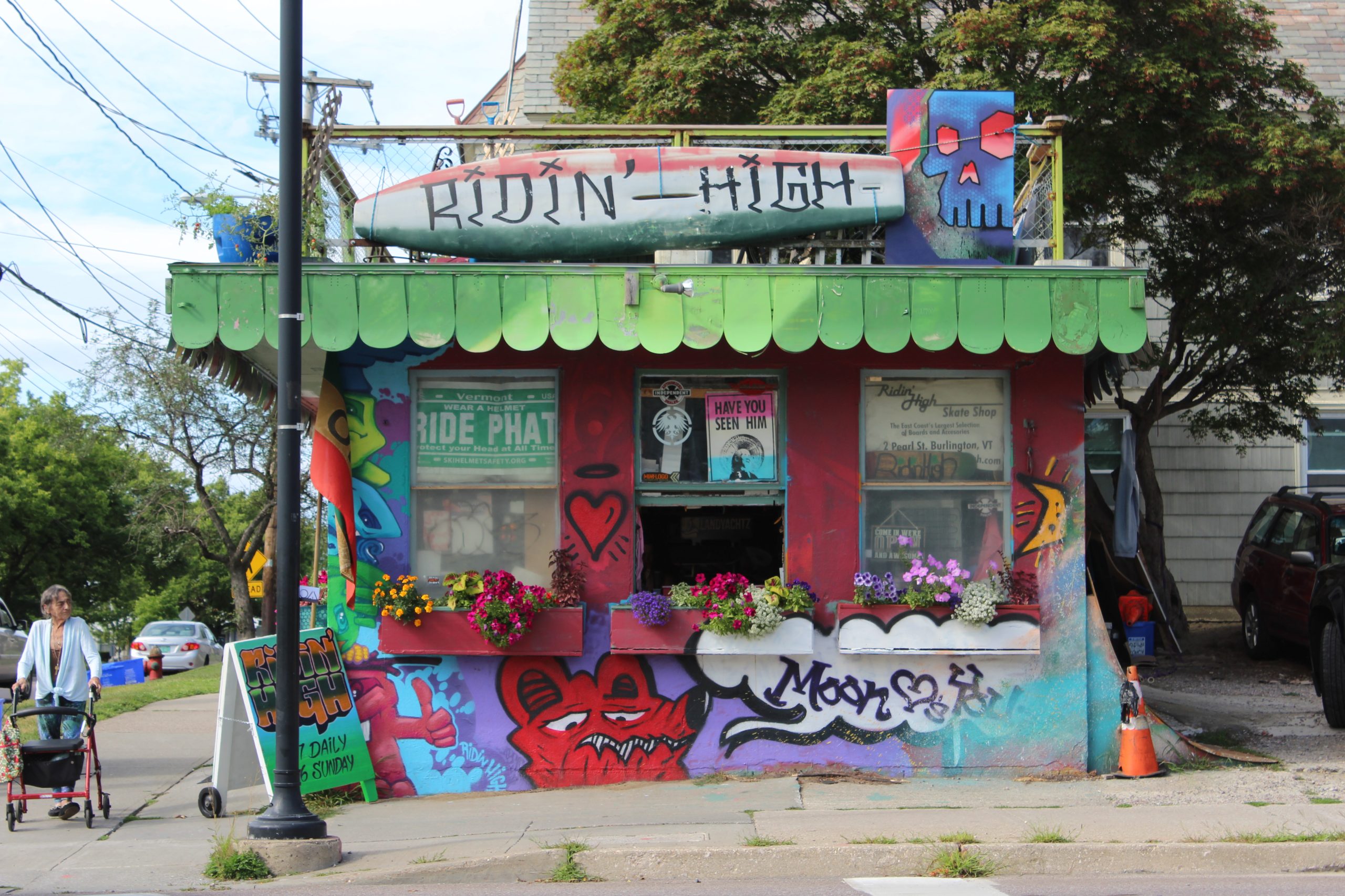 The Ridin’ High skate shop, located on the corner of Battery and Pearl Streets in Burlington, is seen on August 22. Photo by Alexandre Silberman/VTDigger